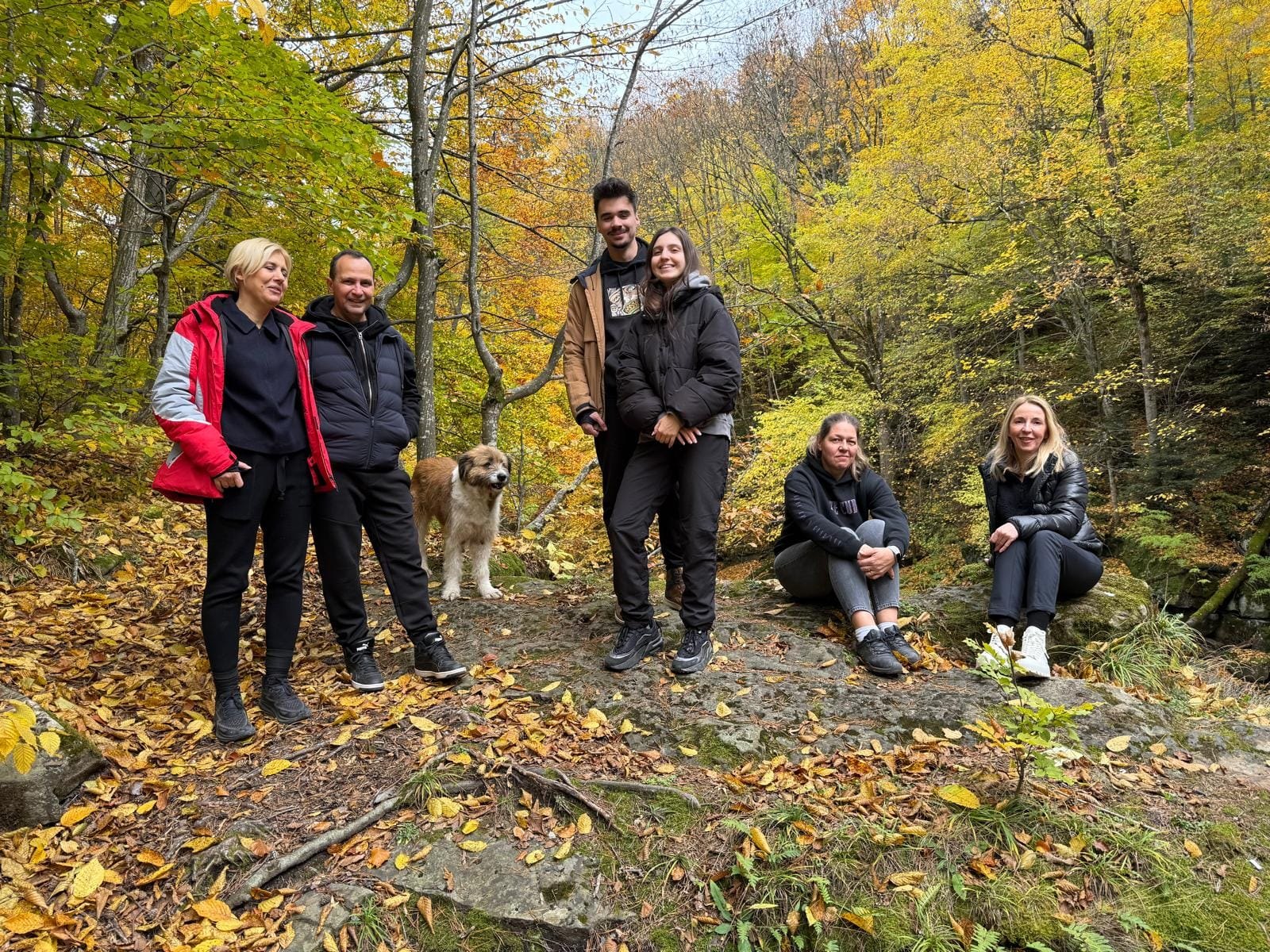 Group of hikers with a dog, in the autumn forest of the Uz gorge