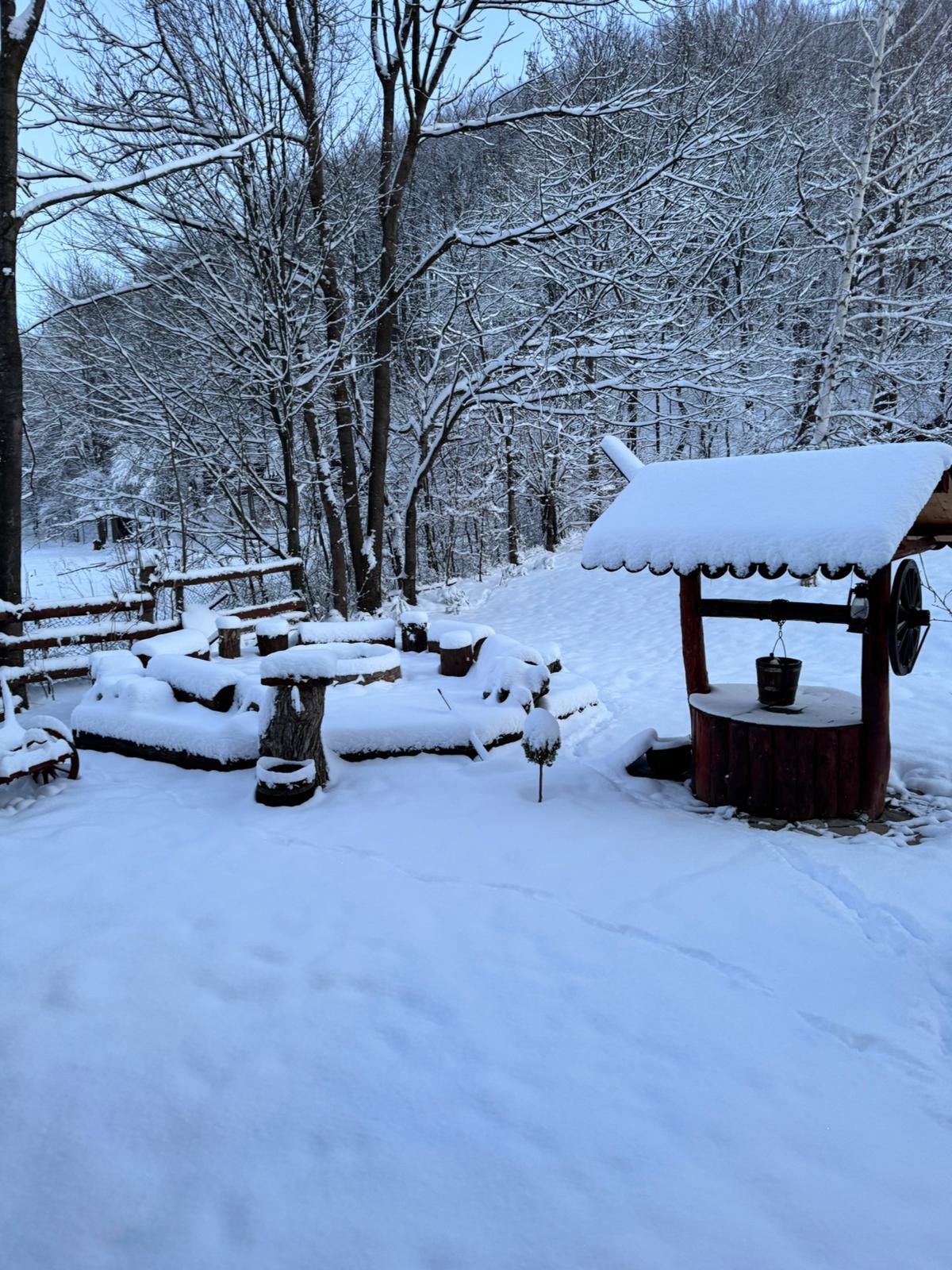 The guesthouse yard under snow, with the snow-covered well